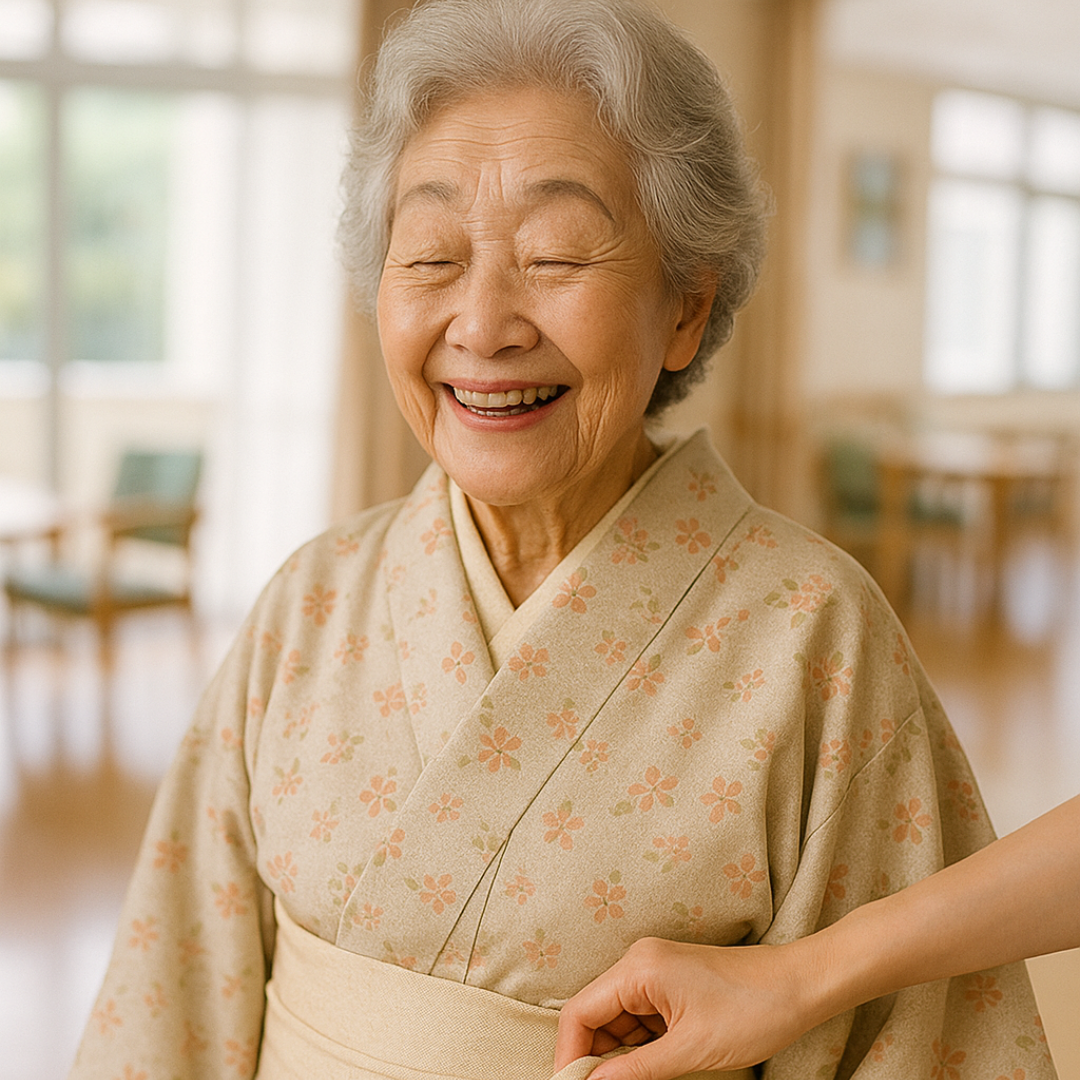 和装姿の高齢女性と着付けをサポートする様子