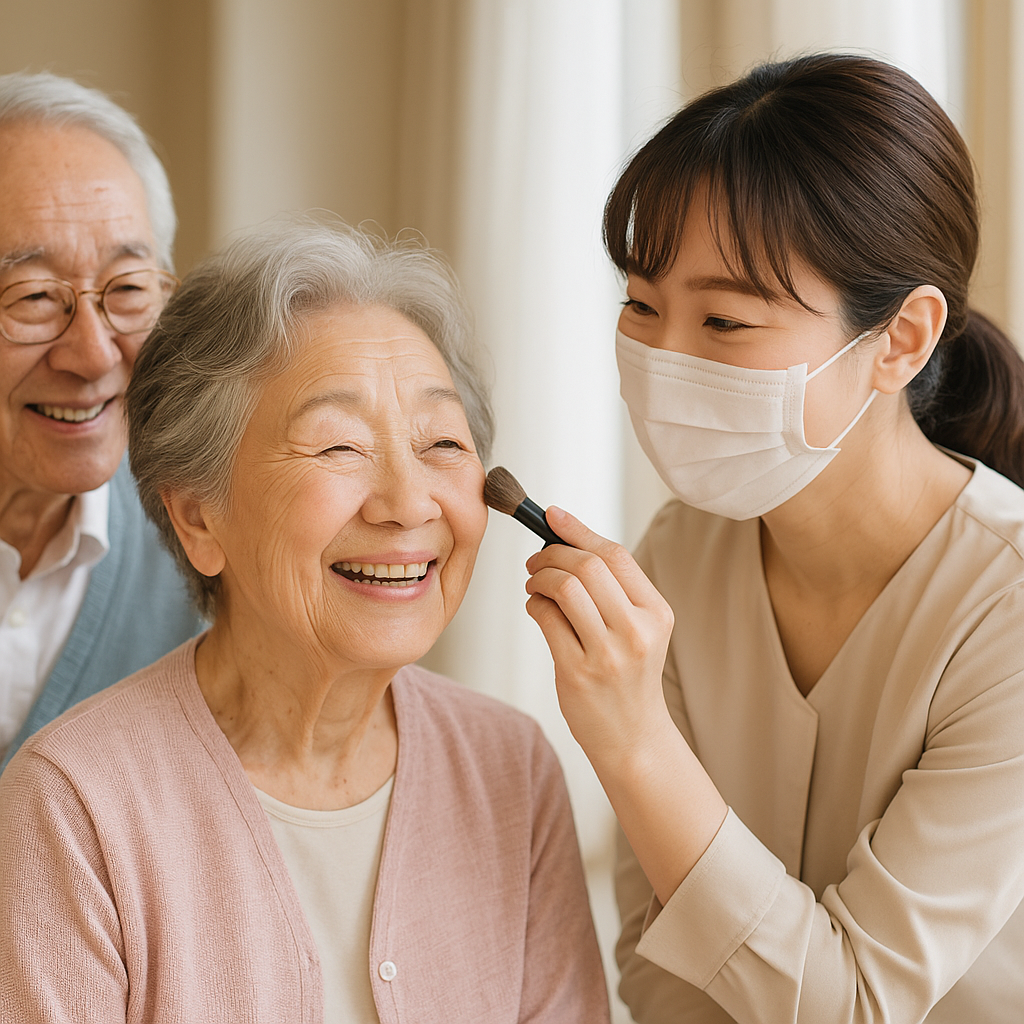 特別な日の美容ケア。メイクや着付けで高齢者の晴れの日をサポートする様子