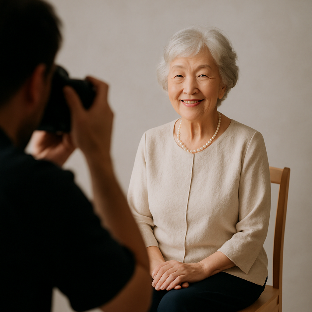 簡易スタジオで高齢女性の記念写真を撮影している様子