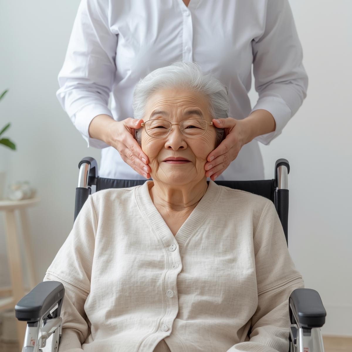 座位でも受けられる高齢者向けフェイシャルエステ。日本エステティック協会認定エステティシャンによる施術風景